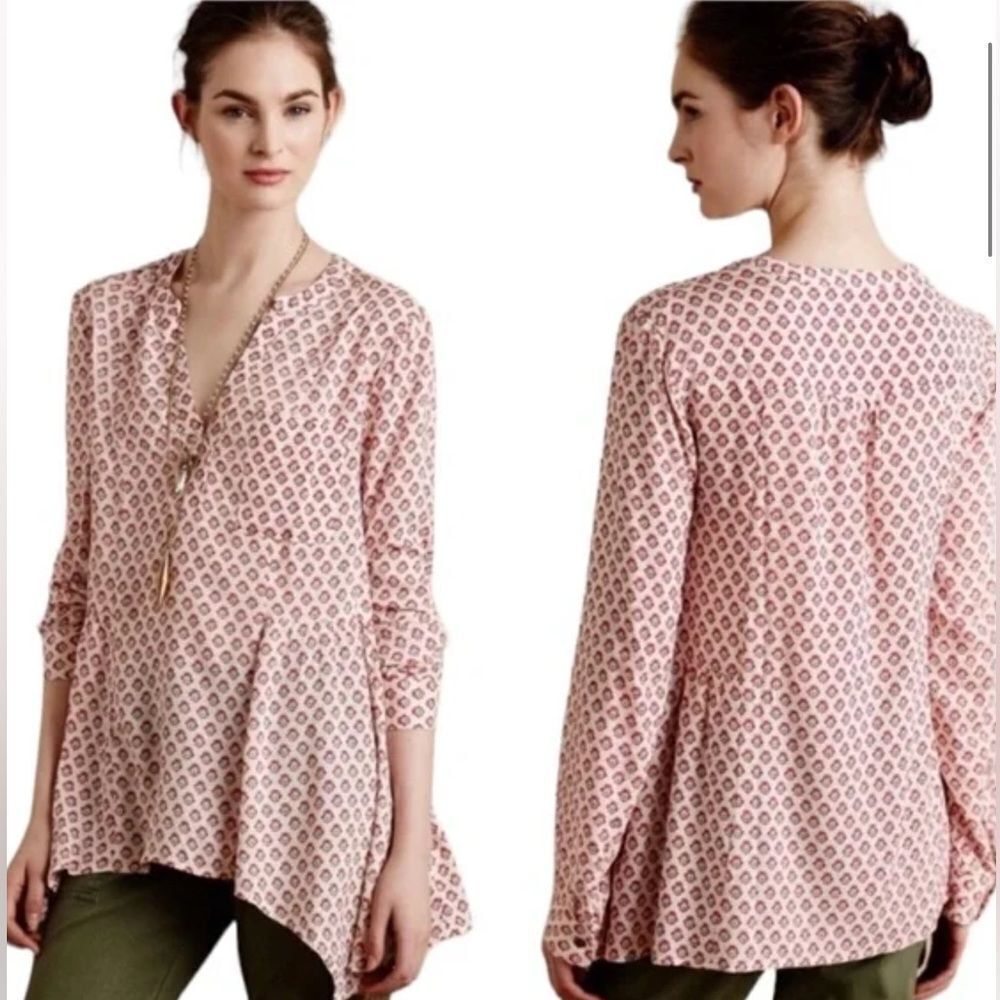 Anthropologie Maeve Laiken Floral Block Print Asymmetrical Henley Tunic Top